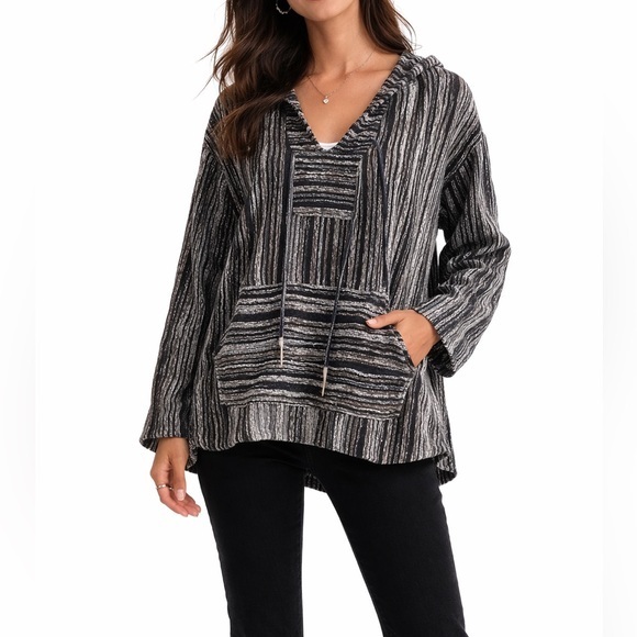 Vena Cava Sweaters - Vena Cava Women’s Black Striped Boho Baja Hooded Pullover V-Neck Sweater Size 6